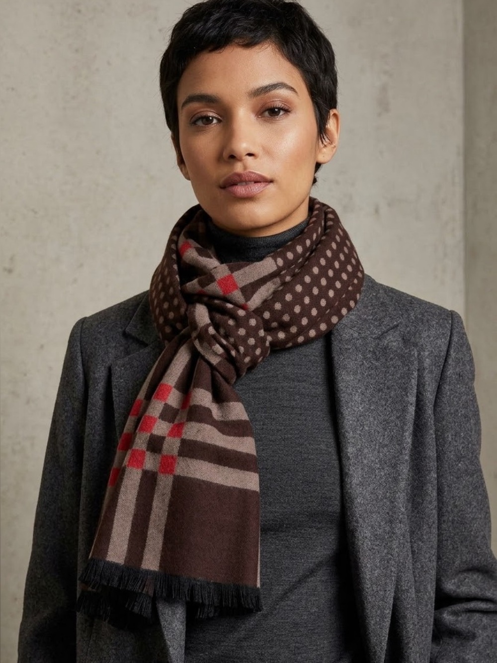 Chocolate Brown Taupe and Red Silk Scarf Unisex